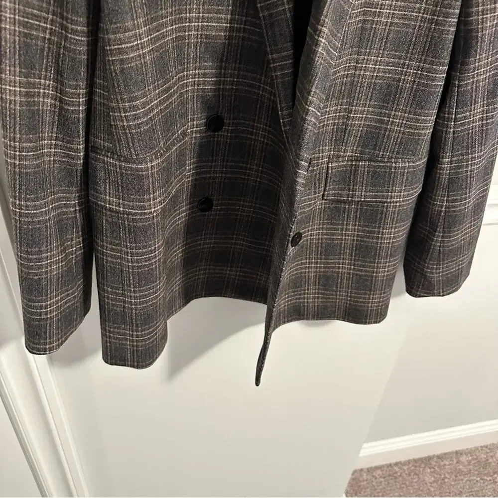 Theory Gray Plaid Wool Double Breasted Blazer Jacket 8